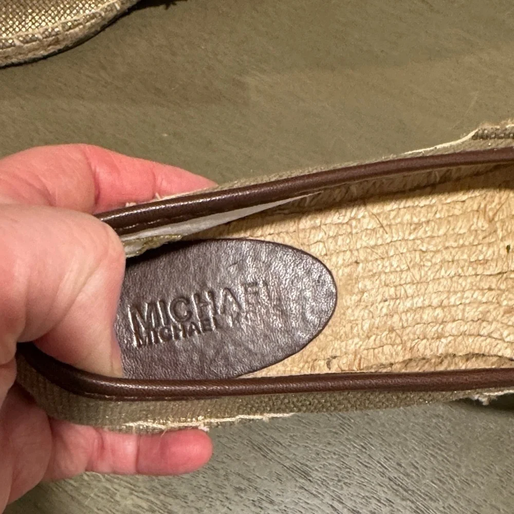 Michael Kors Metallic Gold Slip-On Espadrilles with Brown Trim (see measurements